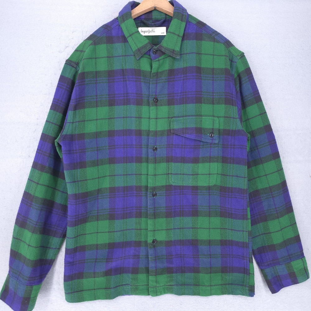 Imperfects Shirt Mens Small Green Plaid Flannel Button Up Long Sleeve Casual